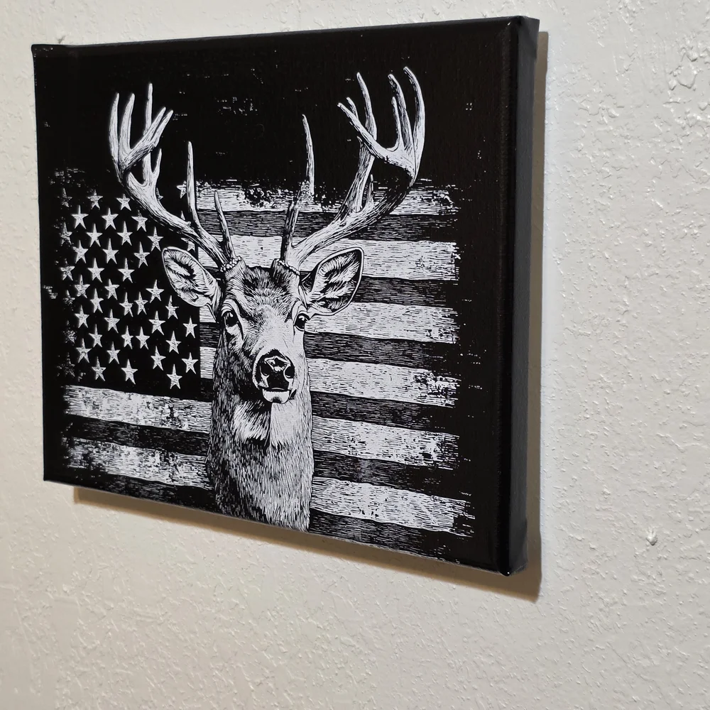 Black and White Deer And Flag Canvas Wall Art - Laser Etched - NEW